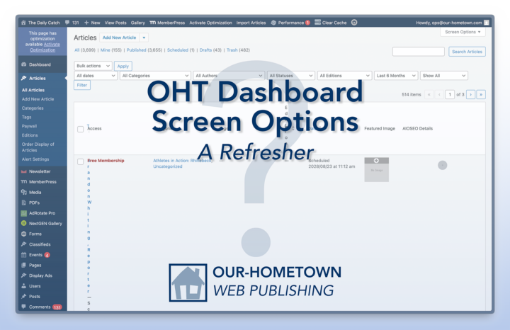 OHT Dashboard Screen Options — A Refresher