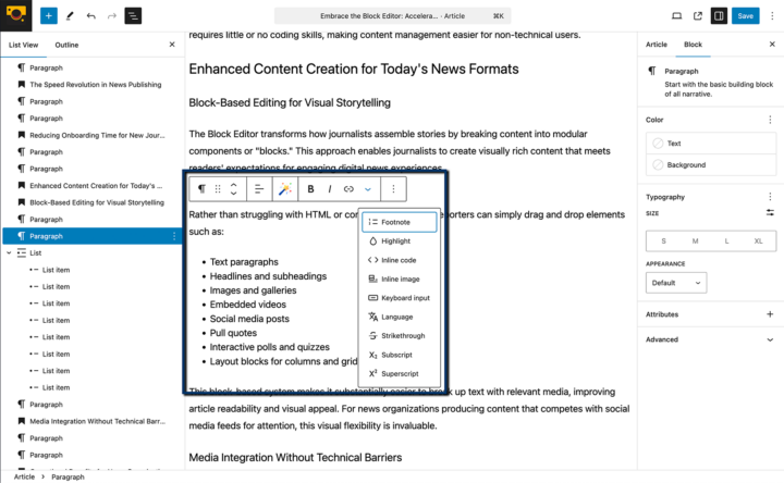 Typography Options - Toolbar Settings