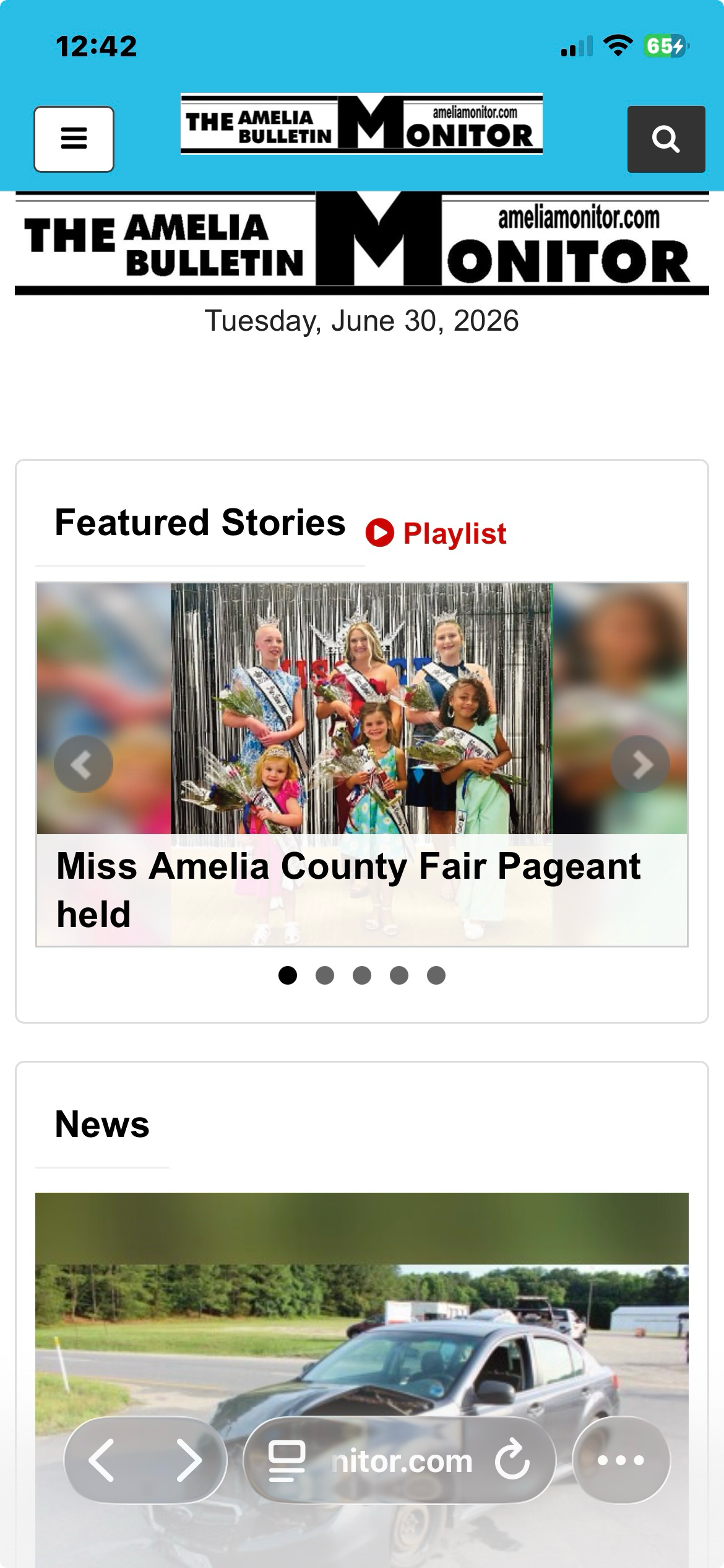 Full-page mobile screenshot of the Amelia Bulletin Monitor website
