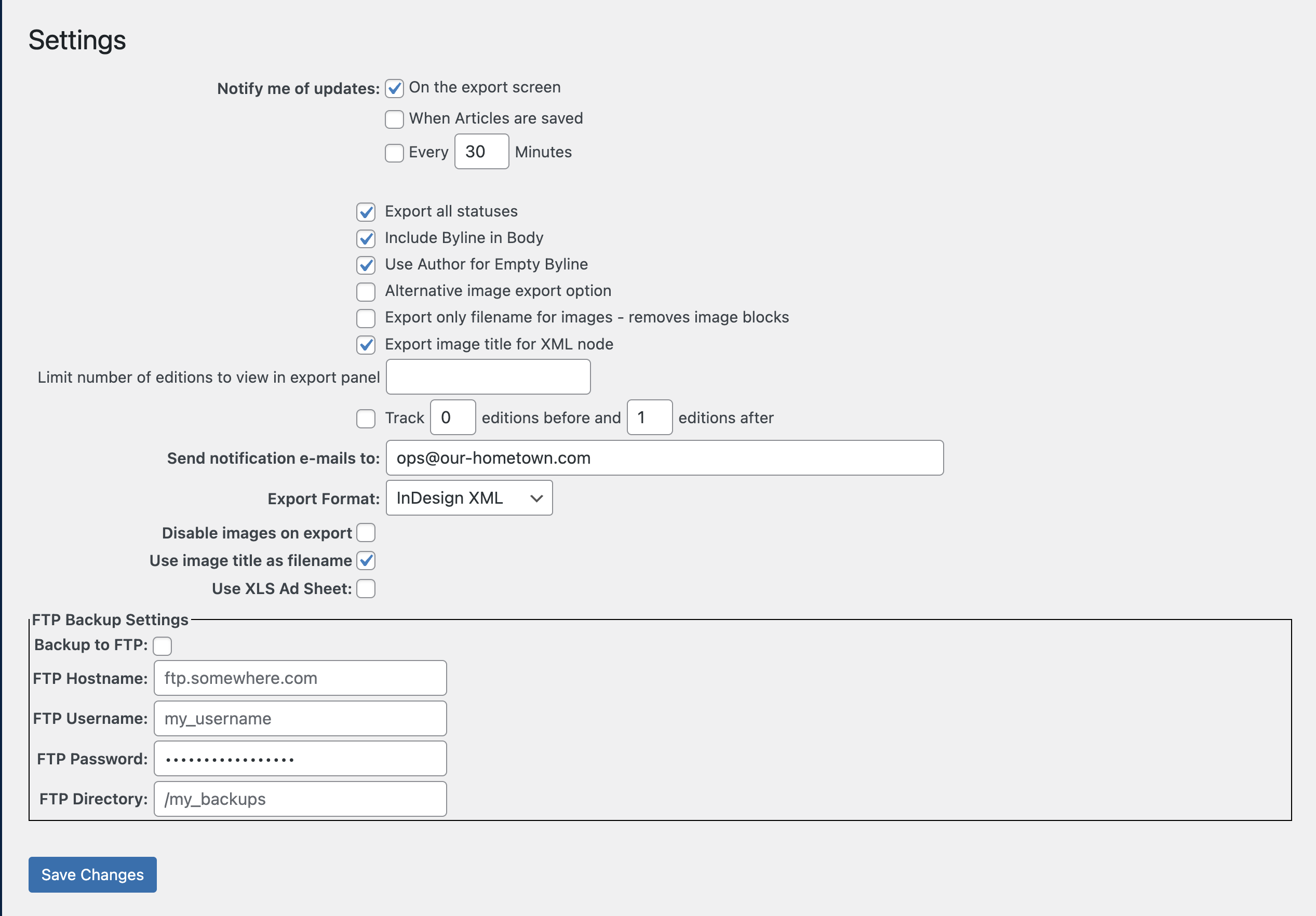 Revers Publishing Settings Page