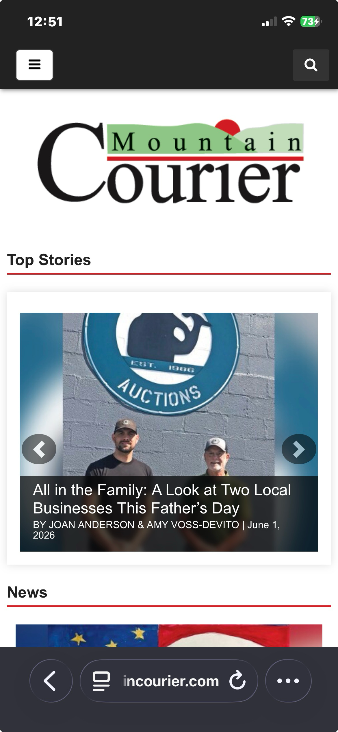 Full-page mobile screenshot of The Mountain Courier website